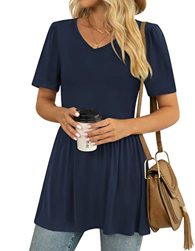 YVH Women's Tunic Tops for Summer Casual V-Neck Babydoll Shirts Short Sleeve Blouse, Navy Blue, XL