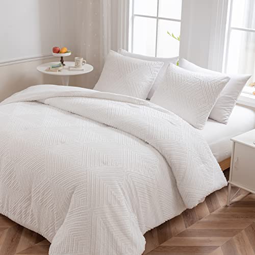 LAVACHEY King Size Comforter Set, White Boho Bedding Comforter Sets Extra Fluffy, Tufted Design 3 Pieces Bed Comforter (1 Comforter, 2 Pillowcases)