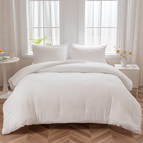 LAVACHEY King Size Comforter Set, White Boho Bedding Comforter Sets Extra Fluffy, Tufted Design 3 Pieces Bed Comforter (1 Comforter, 2 Pillowcases)