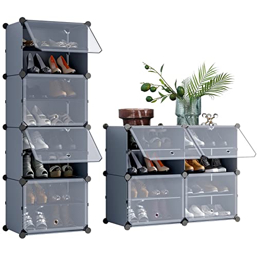 UNZIPE Shoe Rack, 8-Tier Shoe Storage Cabinet 16 Pairs Free Standing Shoe Racks Plastic Shoes Shelves DIY Cube Organizer for Closet Hallway Bedroom Entryway Garage, Dark Grey