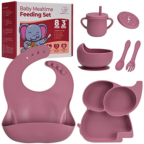 Mummentos Silicone Baby Feeding Set - Baby Led Weaning Supplies, Toddler Utensils, Transition Sippy Cups For Baby, Baberos Para Bebe, Suction Plates For Baby, Silicone Bibs For Babies.