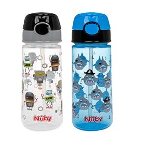 nuby 2-pack kid’s printed flip-it active water bottle with push button cap and soft straw - 18oz / 540ml, 18+ months, 2-pack, sharks/robots