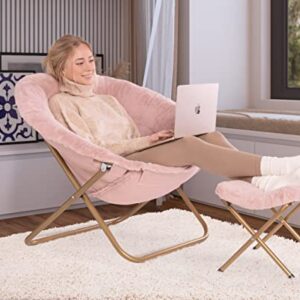 Milliard Cozy Chair with Footrest Ottoman/Faux Fur Saucer Chair for Bedroom/X-Large (Pink)