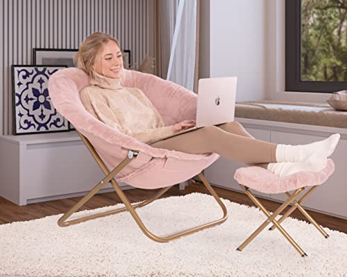 Milliard Cozy Chair with Footrest Ottoman/Faux Fur Saucer Chair for Bedroom/X-Large (Pink)