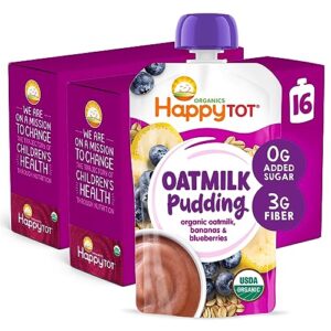 happy tot organics oatmilk pudding, dairy-free, stage 4 toddler snack, oatmilk, bananas & blueberries, 4 ounce pouch, pack of 16