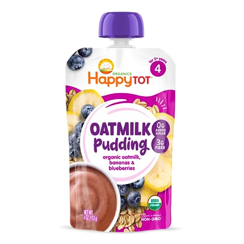 Happy Tot Organics Oatmilk Pudding, Dairy-Free, Stage 4 Toddler Snack, Oatmilk, Bananas & Blueberries, 4 Ounce Pouch, Pack of 16