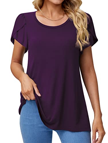 DILIUXING Womens Tops Crew Neck Short Sleeve Shirts Summer Casual Solid Tunic Tshirt, Purple, XX-Large