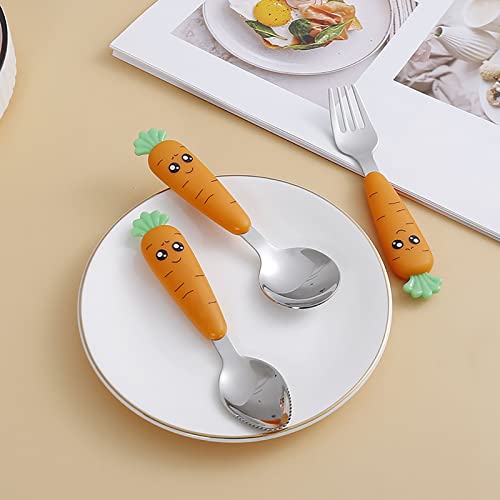clinmday Kids Spoons and Forks,Toddler Utensils, Metal Cutlery Set for Lunchbox (Carrot Shape Spoon Fork) A