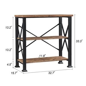 HOMBAZAAR Bookshelf, 3-Tier Industrial Bookshelves, Wood and Metal Bookcase,Free Standing Storage Small Modern Bookshelf for Living Room, Bedroom and Home Office，Brown