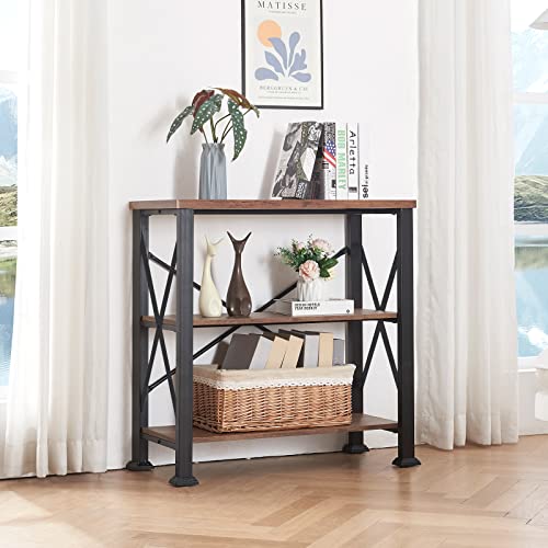 HOMBAZAAR Bookshelf, 3-Tier Industrial Bookshelves, Wood and Metal Bookcase,Free Standing Storage Small Modern Bookshelf for Living Room, Bedroom and Home Office，Brown