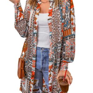 Dokotoo Womens Summer Spring Beach Boho Long Sleeve Cardigans Button-Down Bohemian Fashion Geometric Floral Kimonos for Women Brown XX-Large