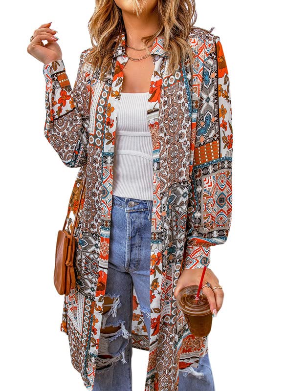 Dokotoo Womens Summer Spring Beach Boho Long Sleeve Cardigans Button-Down Bohemian Fashion Geometric Floral Kimonos for Women Brown XX-Large