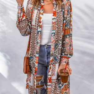 Dokotoo Womens Summer Spring Beach Boho Long Sleeve Cardigans Button-Down Bohemian Fashion Geometric Floral Kimonos for Women Brown XX-Large