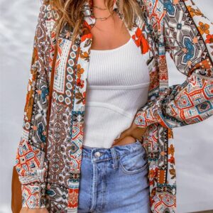 Dokotoo Womens Summer Spring Beach Boho Long Sleeve Cardigans Button-Down Bohemian Fashion Geometric Floral Kimonos for Women Brown XX-Large