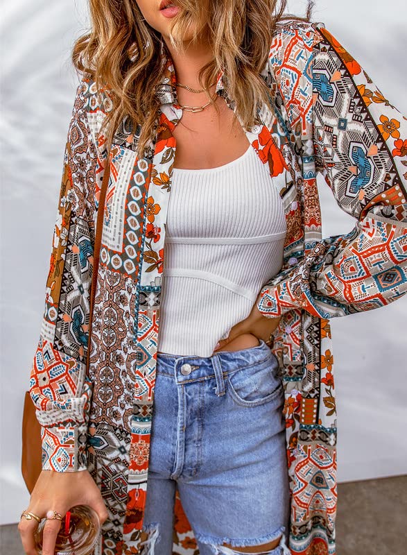 Dokotoo Womens Summer Spring Beach Boho Long Sleeve Cardigans Button-Down Bohemian Fashion Geometric Floral Kimonos for Women Brown XX-Large