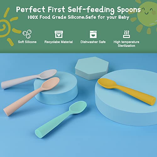 Vicloon Silicone Baby Feeding Spoons, 4 Pack First Stage Feeding Spoons for Infants, Baby Led Weaning, Easy to Grip & Hold Baby Spoons