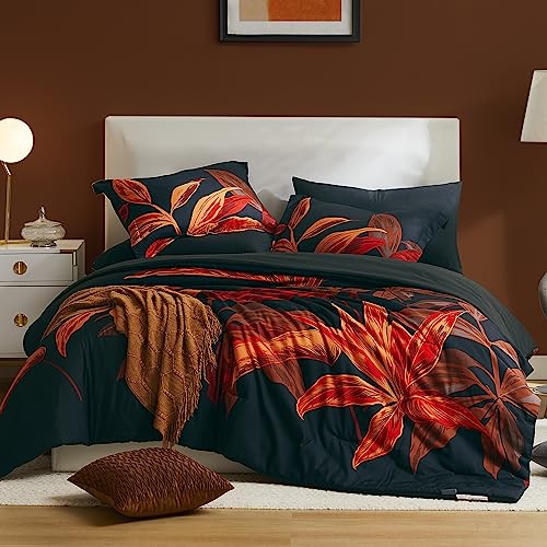 WRENSONGE Floral Duvet Cover Queen, 3 Pcs Black Red Flowers and Leaves Printed Comforter Cover with Zipper Corner Ties, Microfiber Duvet Cover Bedding Set for All Season, Soft, Breathable, Durable