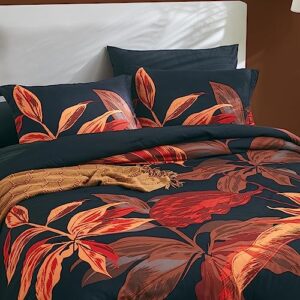 WRENSONGE Floral Duvet Cover Queen, 3 Pcs Black Red Flowers and Leaves Printed Comforter Cover with Zipper Corner Ties, Microfiber Duvet Cover Bedding Set for All Season, Soft, Breathable, Durable