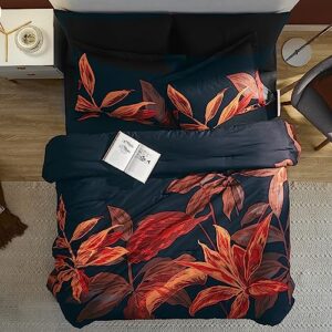 WRENSONGE Floral Duvet Cover Queen, 3 Pcs Black Red Flowers and Leaves Printed Comforter Cover with Zipper Corner Ties, Microfiber Duvet Cover Bedding Set for All Season, Soft, Breathable, Durable