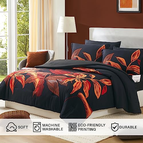 WRENSONGE Floral Duvet Cover Queen, 3 Pcs Black Red Flowers and Leaves Printed Comforter Cover with Zipper Corner Ties, Microfiber Duvet Cover Bedding Set for All Season, Soft, Breathable, Durable