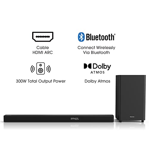 Hisense HS312 3.1ch Sound Bar with wireless Subwoofer, 300W, One Remote Control, Roku TV ready, Bluetooth, HDMI ARC/Optical/AUX/USB, 5 EQ Modes (Renewed)