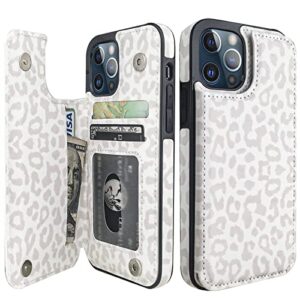 haopinsh for iphone 12/12 pro wallet case with card holder, white leopard cheetah pattern back flip folio pu leather kickstand card slots case for women girls, double magnetic clasp shockproof 6.1"