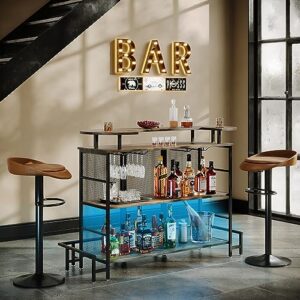 furnideco industrial home bar unit, 3 tier liquor bar table with rgb led lights and wine storage display shelf with glass holder footrest, and metal footrest wine rack for kitchen living room