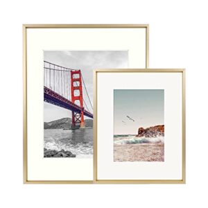 frametory, piture frames set of two, gold 11x14 frame with ivory color mat for 8x10 picture + 8x10 frame with ivory color mat for 5x7 picture, metal picture frame & real glass
