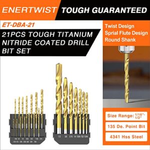 ENERTWIST 21 Pcs Titanium Twist Drill Bit Set,1/16"-1/2",135 Deg Tip High Speed Steel Drill Bit Kit for Metal/Steel/Wood/Cast Iron/Aluminum Alloy/Plastic/Fiberglass with Hard Storage