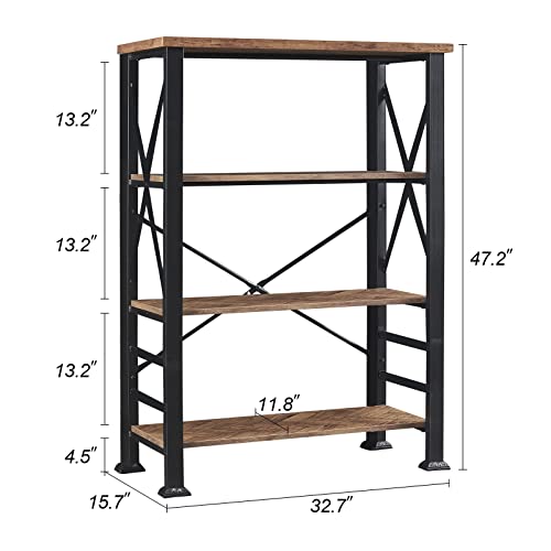 HOMBAZAAR Bookshelf, 4-Tier Industrial Bookshelves, Wood and Metal Bookcase,Free Standing Storage Small Modern Bookshelf for Living Room, Bedroom and Home Office，Brown