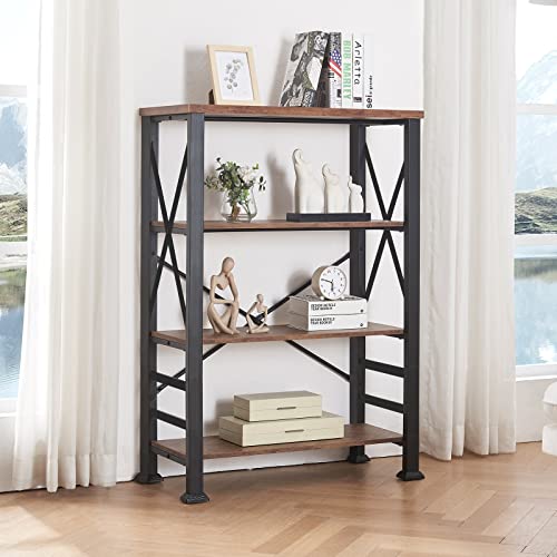 HOMBAZAAR Bookshelf, 4-Tier Industrial Bookshelves, Wood and Metal Bookcase,Free Standing Storage Small Modern Bookshelf for Living Room, Bedroom and Home Office，Brown