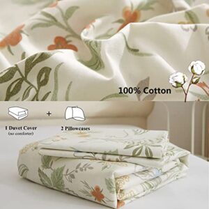 VM VOUGEMARKET Green Red Flower Duvet Cover Full Queen 100% Cotton Aesthetic Bedding Set Girls Vintage Floral Leaves Comforter Cover with Zipper Ties 90x90 Inch