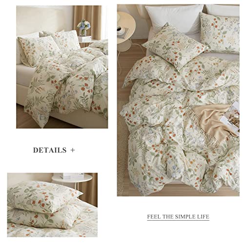 VM VOUGEMARKET Green Red Flower Duvet Cover Full Queen 100% Cotton Aesthetic Bedding Set Girls Vintage Floral Leaves Comforter Cover with Zipper Ties 90x90 Inch