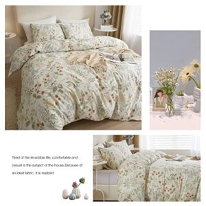 VM VOUGEMARKET Green Red Flower Duvet Cover Full Queen 100% Cotton Aesthetic Bedding Set Girls Vintage Floral Leaves Comforter Cover with Zipper Ties 90x90 Inch
