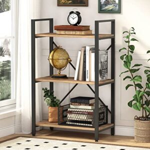 bon augure industrial 3 tier bookshelf, rustic small book shelves for small space, short wood metal etagere bookcase (vintage oak)