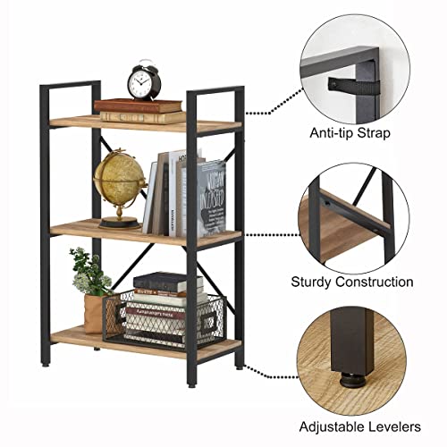 BON AUGURE Industrial 3 Tier Bookshelf, Rustic Small Book Shelves for Small Space, Short Wood Metal Etagere Bookcase (Vintage Oak)