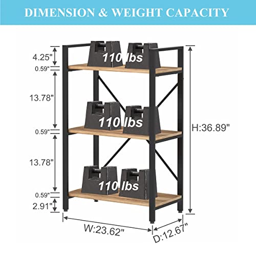 BON AUGURE Industrial 3 Tier Bookshelf, Rustic Small Book Shelves for Small Space, Short Wood Metal Etagere Bookcase (Vintage Oak)