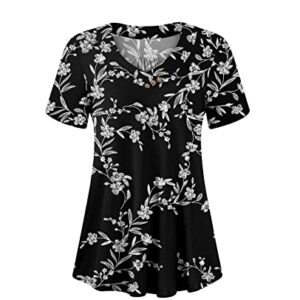 Netsmile Women's Summer Casual Short Sleeve Tunic Tops V-Neck Button Loose Blouse T-Shirts for Leggings, XL, White Carvings Black