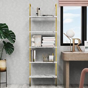 Cavoba Modern Ladder Shelf, 5-Tier Open Wall-Mounted Bookshelf, Plant Flower Stand Utility Organizer Bookcase (Gold/White)