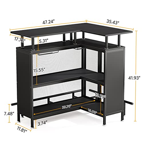 Tribesigns Home Bar Unit, L-Shaped Liquor Bar Table with Stemware Racks and 2-Tier Shelves, Corner Mini Bar Cabinet Coffee Bar Table with Footrest for Home/Kitchen/Bar/Pub, Bar Table, Black