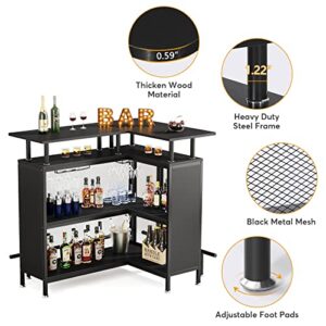 Tribesigns Home Bar Unit, L-Shaped Liquor Bar Table with Stemware Racks and 2-Tier Shelves, Corner Mini Bar Cabinet Coffee Bar Table with Footrest for Home/Kitchen/Bar/Pub, Bar Table, Black