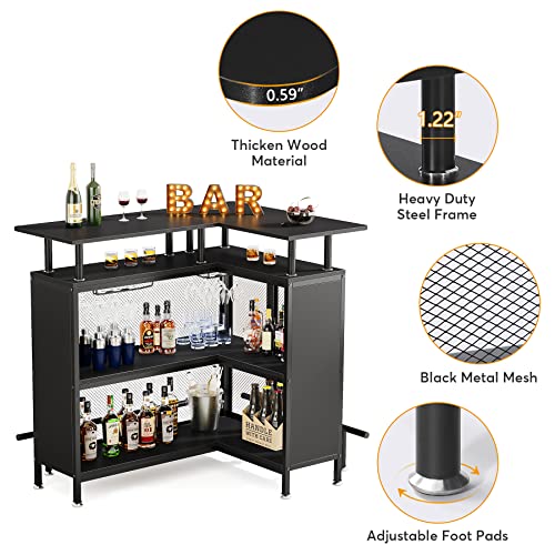 Tribesigns Home Bar Unit, L-Shaped Liquor Bar Table with Stemware Racks and 2-Tier Shelves, Corner Mini Bar Cabinet Coffee Bar Table with Footrest for Home/Kitchen/Bar/Pub, Bar Table, Black