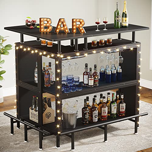 Tribesigns Home Bar Unit, L-Shaped Liquor Bar Table with Stemware Racks and 2-Tier Shelves, Corner Mini Bar Cabinet Coffee Bar Table with Footrest for Home/Kitchen/Bar/Pub, Bar Table, Black