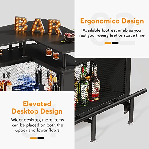 Tribesigns Home Bar Unit, L-Shaped Liquor Bar Table with Stemware Racks and 2-Tier Shelves, Corner Mini Bar Cabinet Coffee Bar Table with Footrest for Home/Kitchen/Bar/Pub, Bar Table, Black