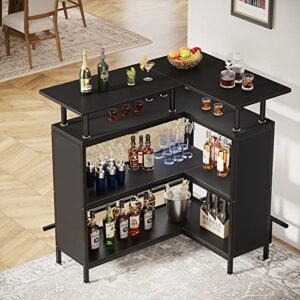 Tribesigns Home Bar Unit, L-Shaped Liquor Bar Table with Stemware Racks and 2-Tier Shelves, Corner Mini Bar Cabinet Coffee Bar Table with Footrest for Home/Kitchen/Bar/Pub, Bar Table, Black