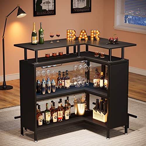 Tribesigns Home Bar Unit, L-Shaped Liquor Bar Table with Stemware Racks and 2-Tier Shelves, Corner Mini Bar Cabinet Coffee Bar Table with Footrest for Home/Kitchen/Bar/Pub, Bar Table, Black