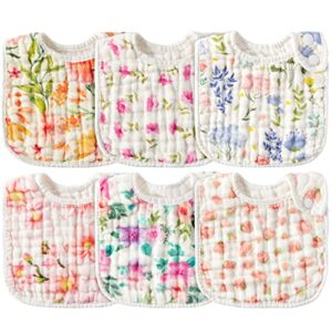 zainpe 6pcs snap muslin cotton baby bibs flowers pattern infants feeding bib adjustable machine washable girls burp cloths unisex drool bibs with 6 absorbent & soft layers for eating and teething