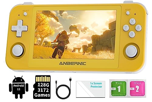 RG505 Handheld Game Console , Android 12 System Unisoc Tiger T618 CPU 4.95 Inch OLED Touch Screen with 128G TF Card 3172 Games Support 5G WiFi 5.0 Bluetooth (Yellow)