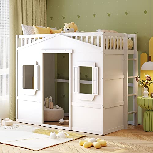 Bellemave House Loft Bed Twin Beds Solid Wood Frame with Window and Wall Fun Playhouse Ladder for Kids Boys Girls Teens, Size, White