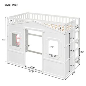 Bellemave House Loft Bed Twin Beds Solid Wood Frame with Window and Wall Fun Playhouse Ladder for Kids Boys Girls Teens, Size, White